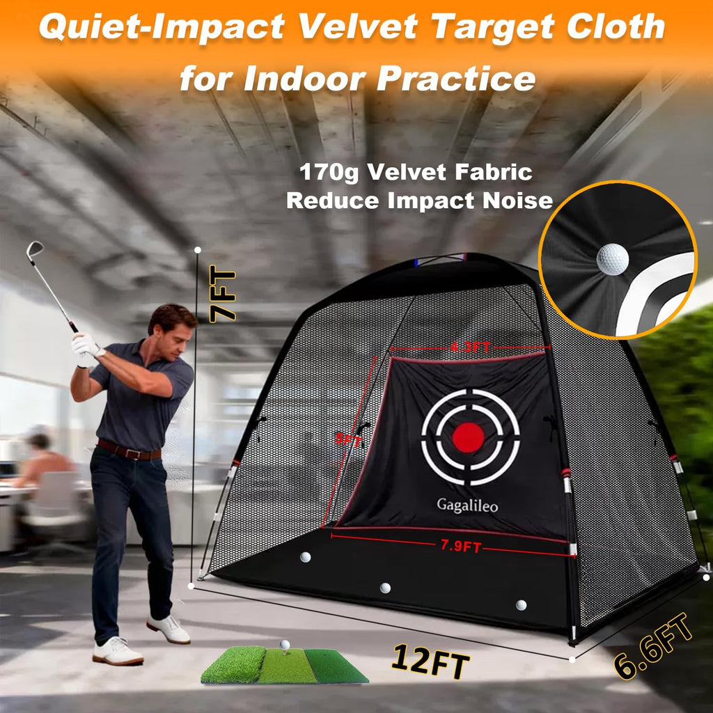 Golf Hitting Net Backyard Driving: 12X7Ft Professional Backstop with Silent Velvet Target Portable Practice for Men Dad Complete Sport Set Gift